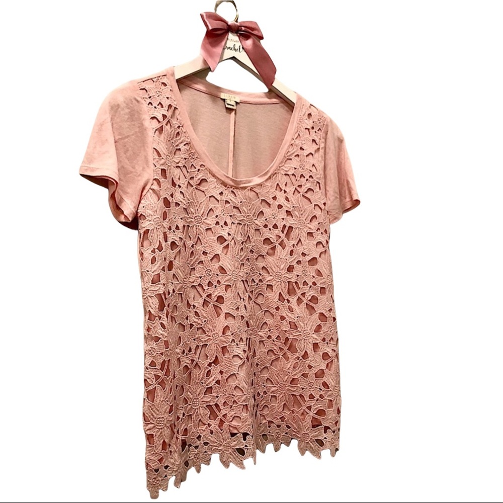 J. Crew Pink Lace Overlay Scoop Neck Spring Shortsleeve Shirt Small 4 6‎